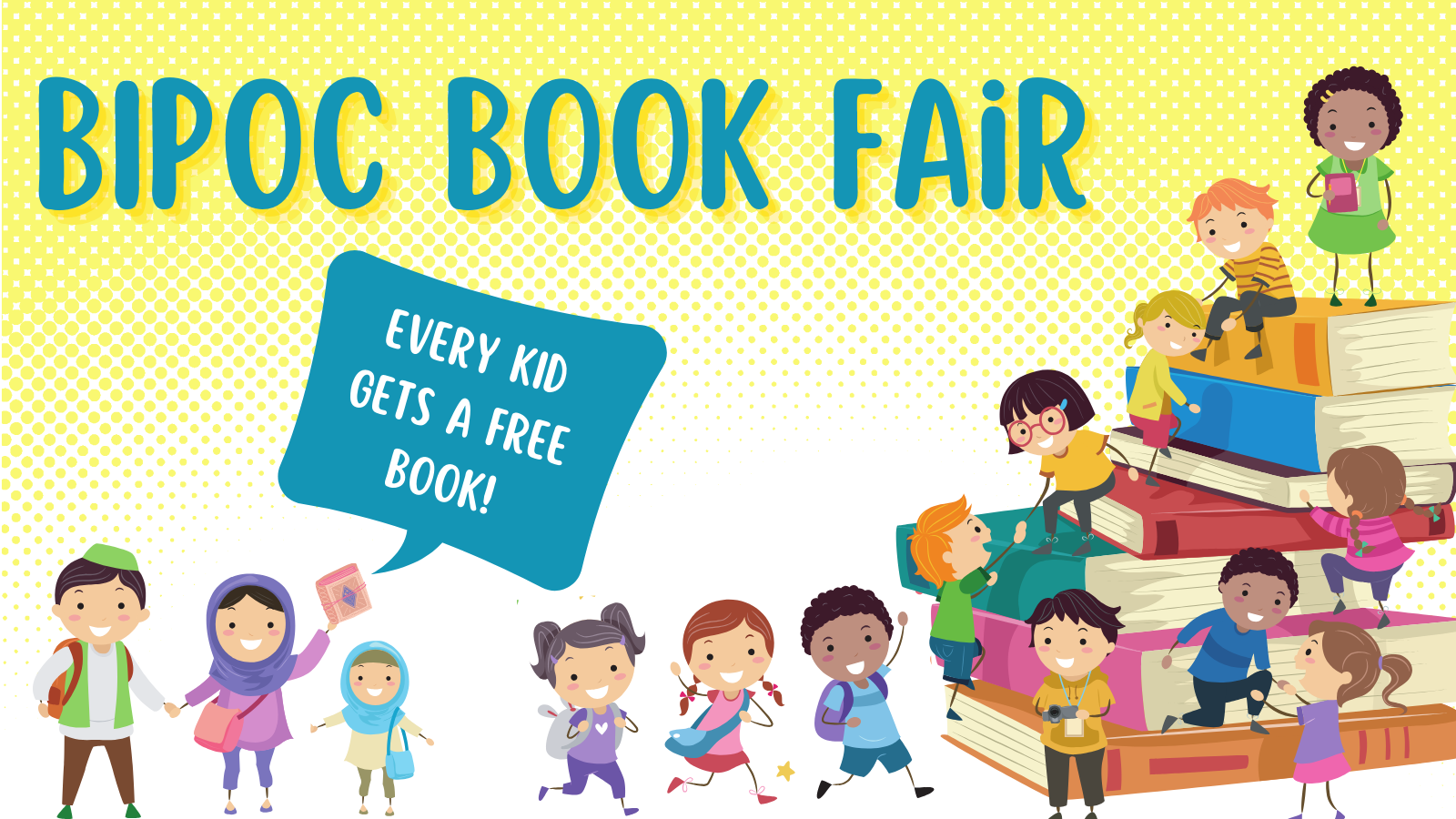 book fair header showing children of all races excitedly climbing a giant stack of books